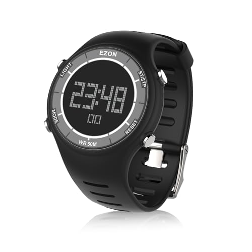 EZON デジタル腕時計、ストップウォッチ・カウントダウン・アラーム機能付き、ELバックライト、超薄型大型ディスプレイ、5ATM防水、男女兼用デジタル腕時計 L008C01